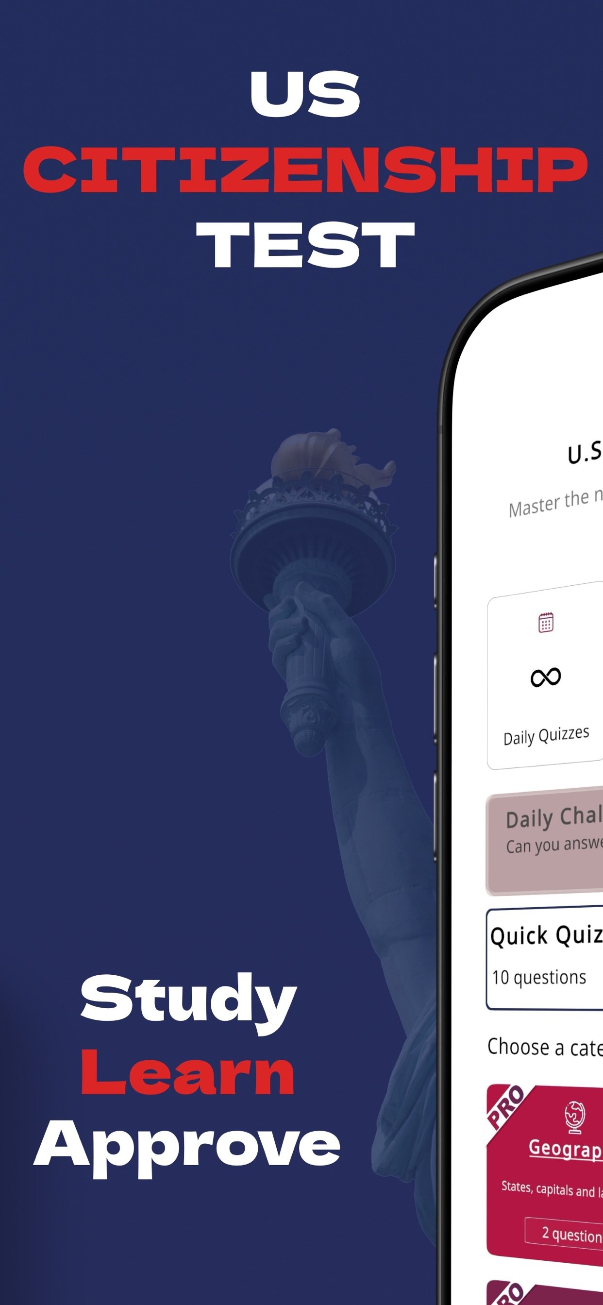 Study, learn, approve — the home screen with daily quizzes and categories